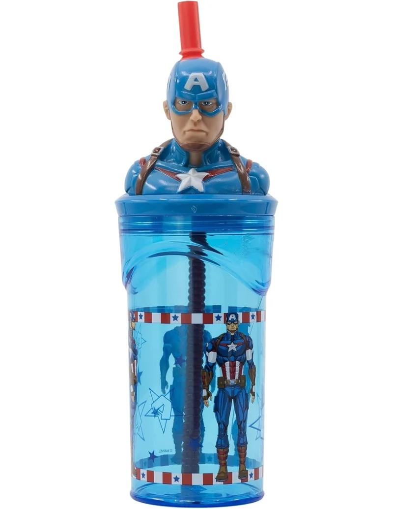 Bicchiere Borraccia Con Cannuccia Marvel Capitain America 3D In Tritan 360ml
