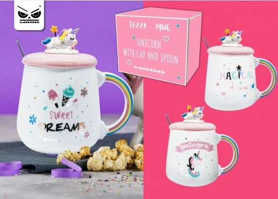 Tazza In Ceramica Unicorno Con Coperchio E Cucchiaino