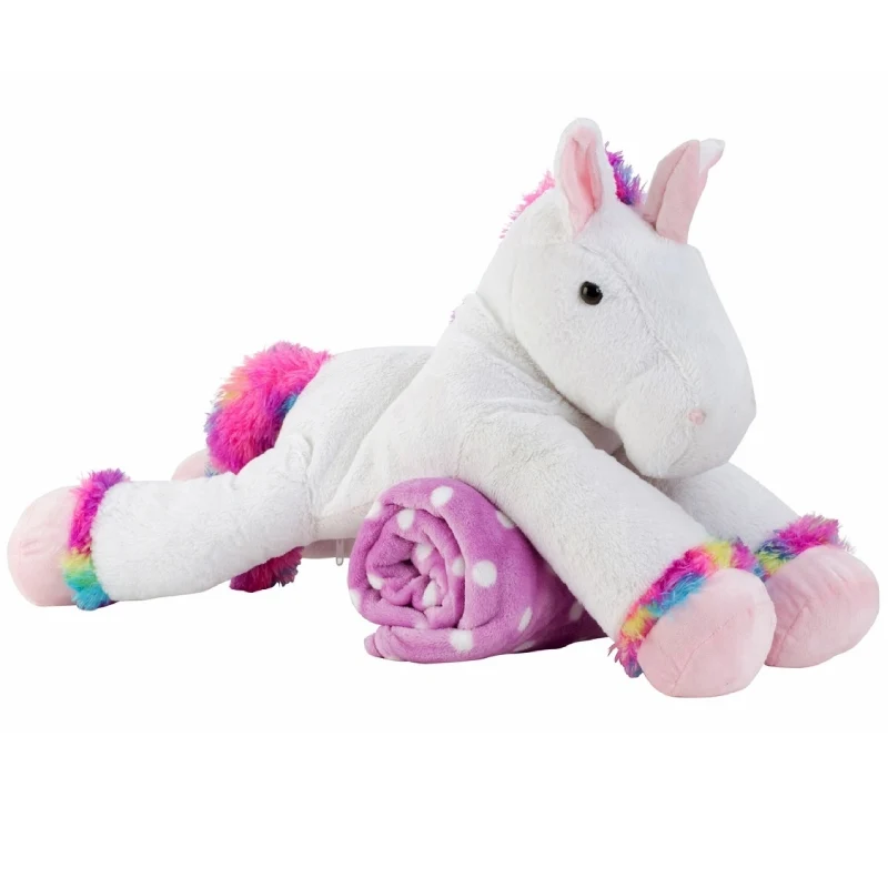 Peluche Unicorno Bianco 67cm Con Coperta Rosa