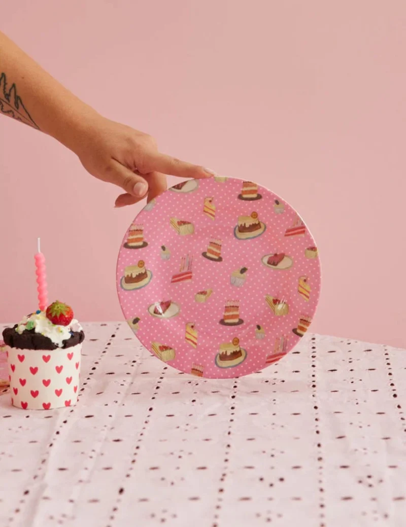 Rice Piatto Piano Per Bambini Melamina Rosa Con Dolci 20cm