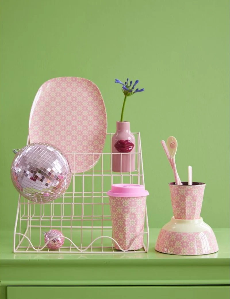 Rice Piatto Piano Grande Rettangolare Fiori Rosa 30cm