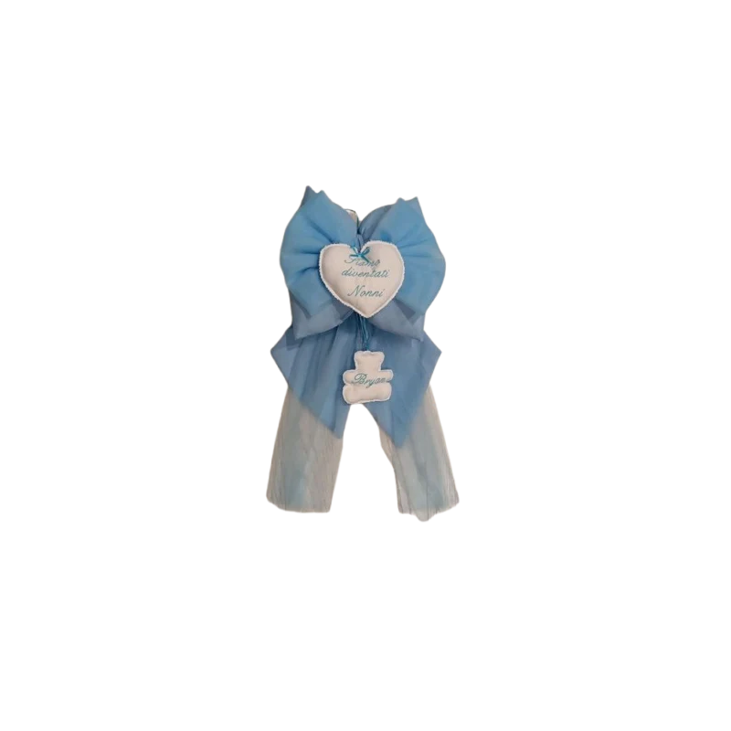 Fiocco Nascita Azzurro in Tulle con Ricamo