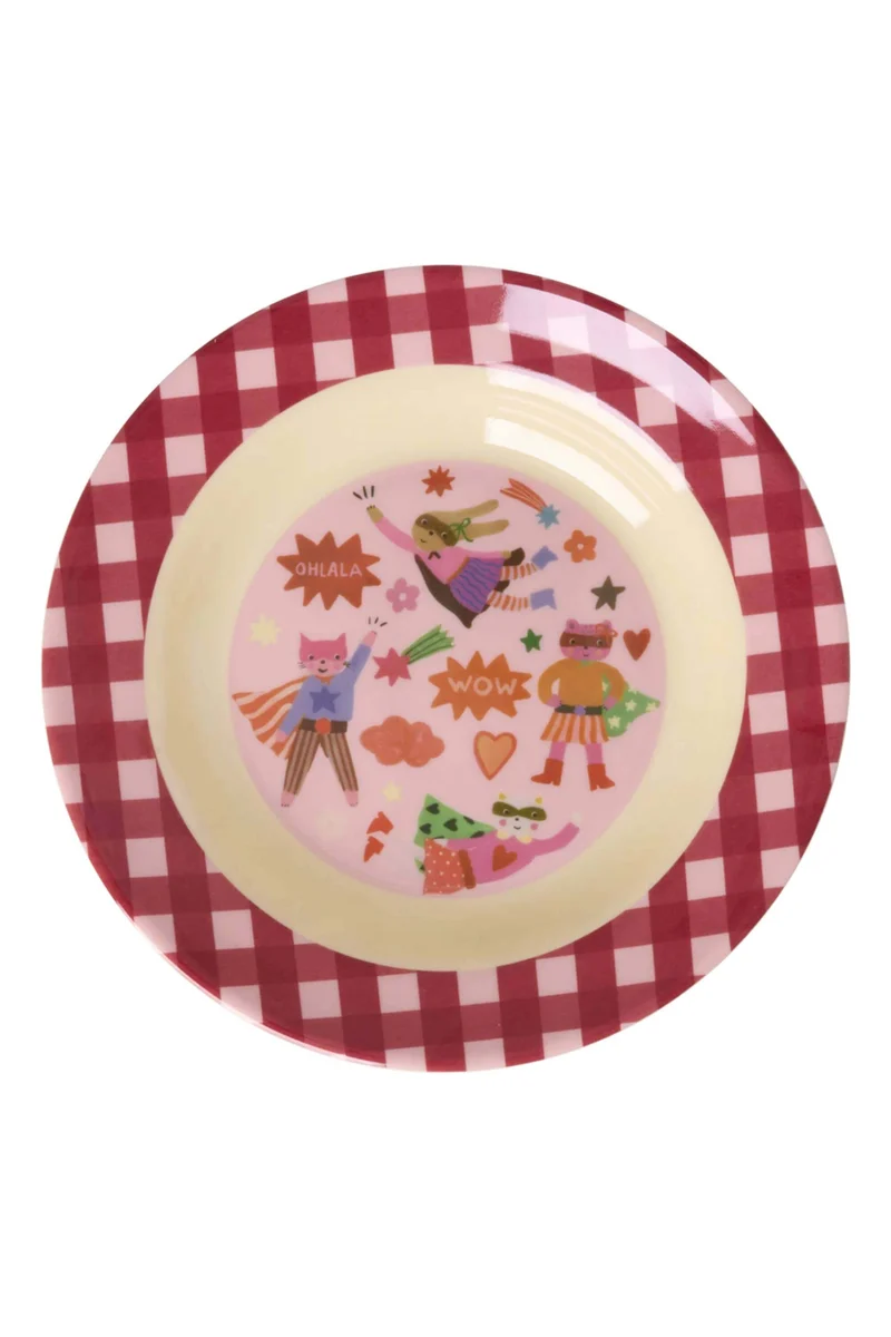 Rice Piatto Fondo Per Bambini Melamina Supereroi Rosa 20cm