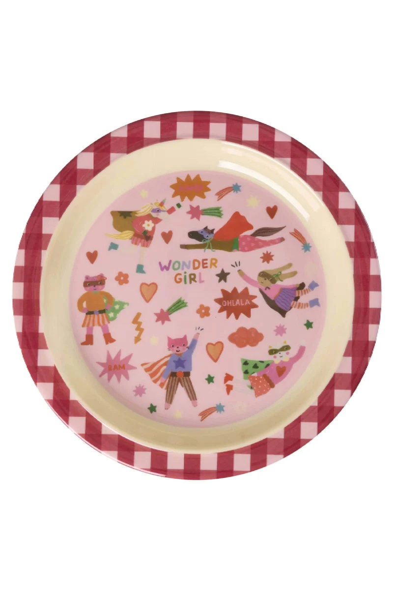 Rice Piatto Piano Per Bambini Melamina Supereroi Rosa 22cm