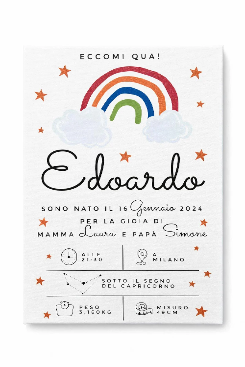 Quadro In Tela Nascita Personalizzabile Classic Arcobaleno 20x30cm