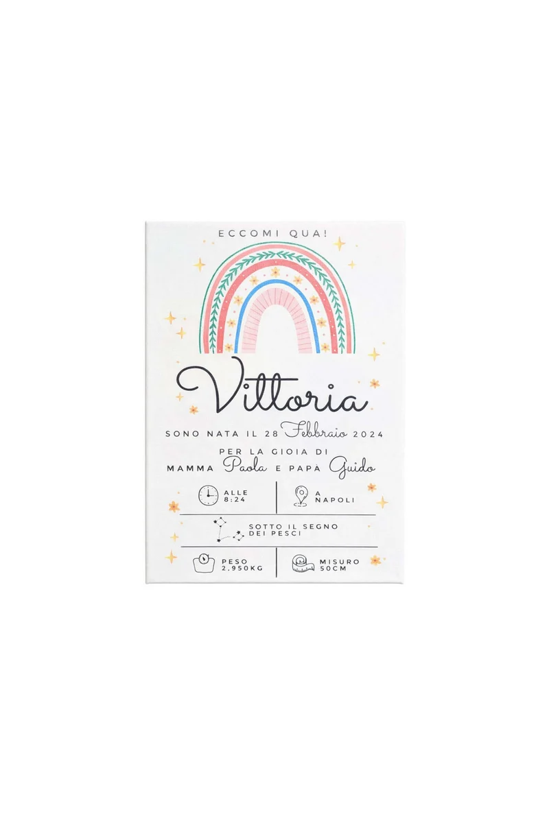 Quadro In Tela Nascita Personalizzabile Boho Chic Arcobaleno 20x30cm