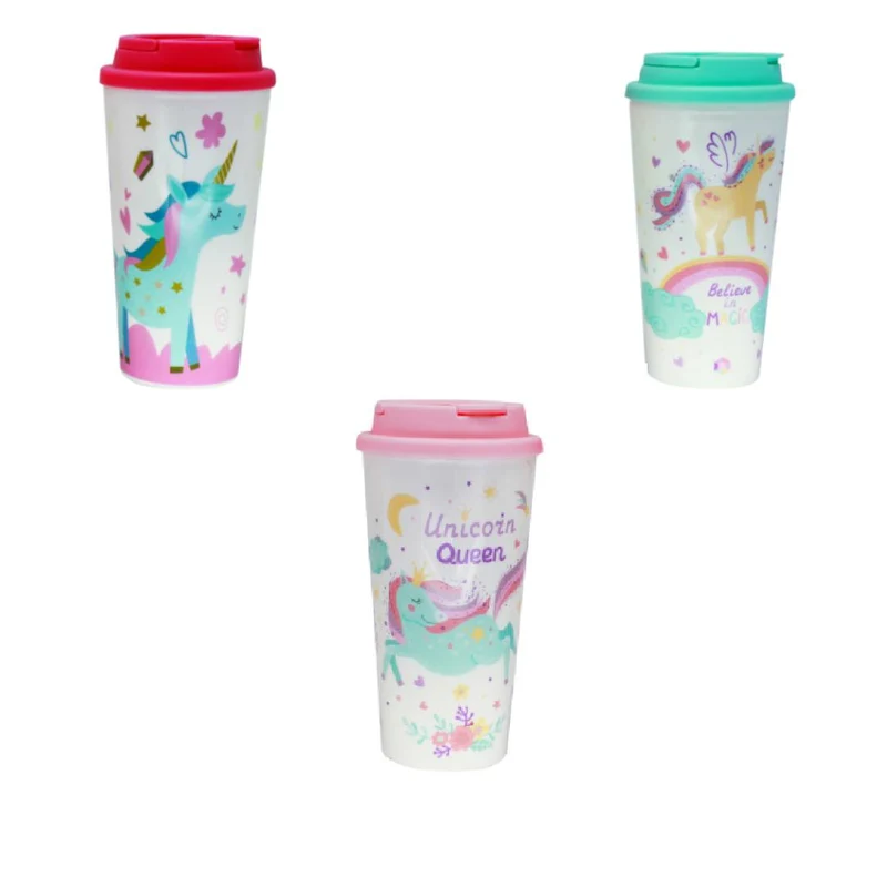 Bicchiere Tazza Con Tappo Unicorno Assortito