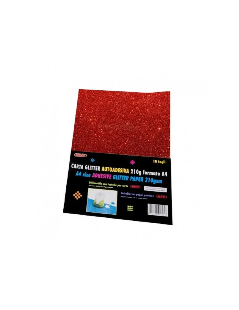 Carta Glitter Autoadesiva A4 210gr. Rosso 10 Fogli