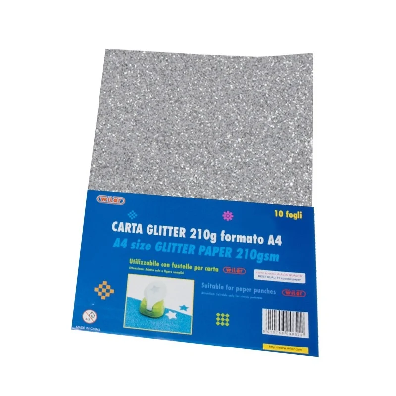 Carta Glitter A4 210gr. Argento 10 Fogli