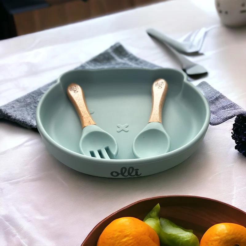 Set Pappa In Silicone Morbido Con Ventosa Orsetto Azzurro
