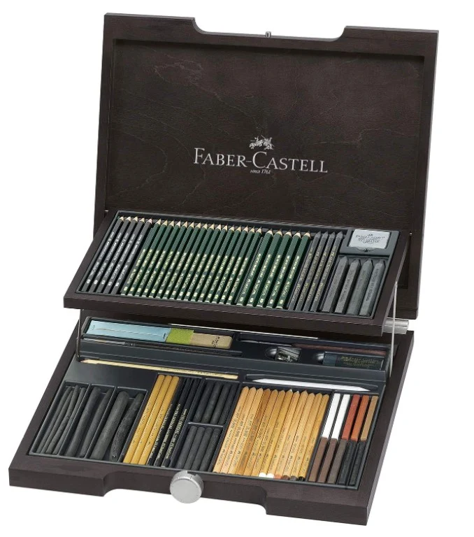 Pitt Monochrome Faber Castell Valigetta In Legno Mogano 86pz