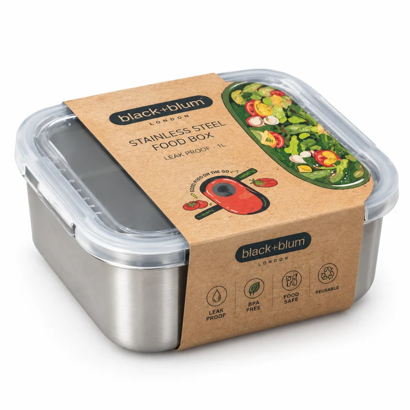 Contenitore per cibo Lunch Box quadrato in acciaio inox multifunzione Lt.1.4 - Black+blum