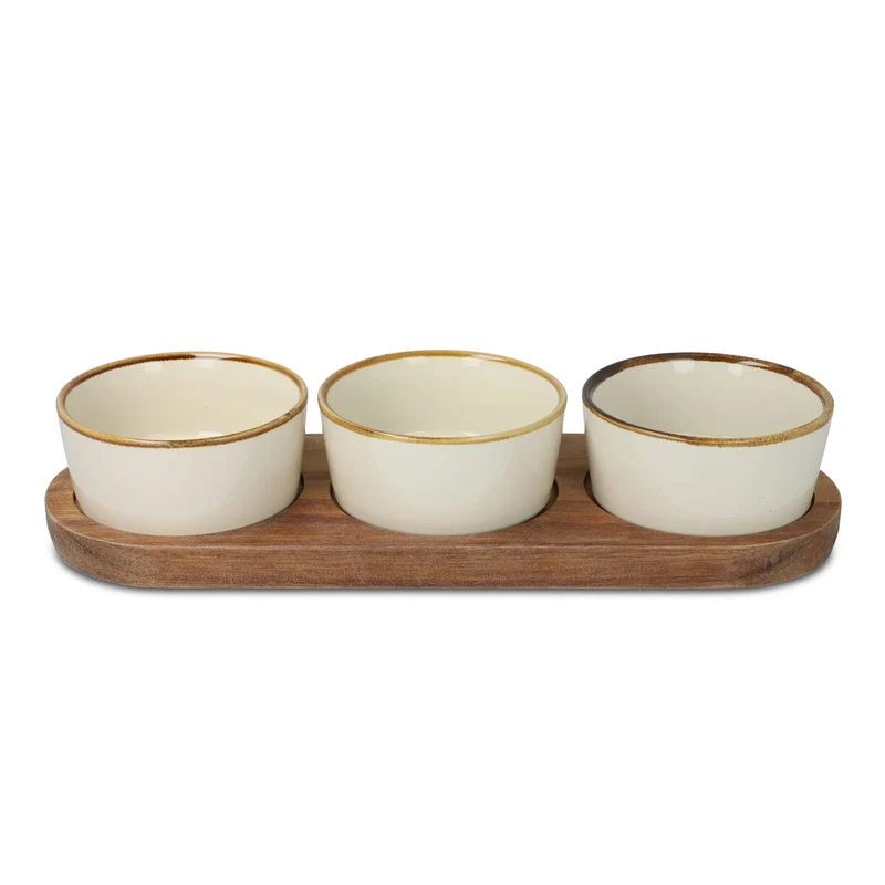 Supporto in legno con 3 ciotole rotonde in ceramica