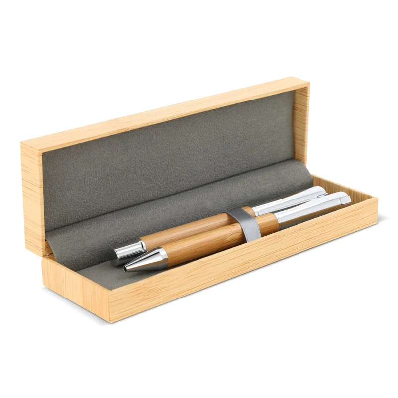 Set di penna a sfera e roller in metallo con scatola regalo in bambù