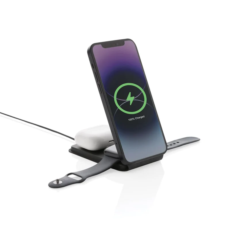 Caricatore wireless 15 W magnetico 3 in 1 Swiss Peak in PU riciclato RCS