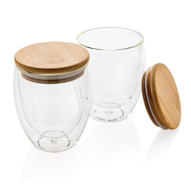 Set 2 bicchieri in vetro borosilicato con tappo in bambù 250 ml