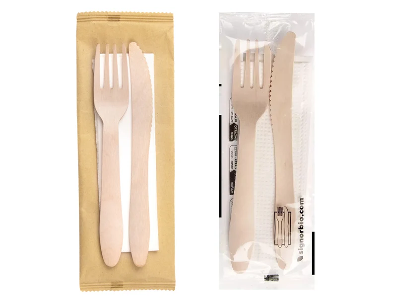 Bis posate in legno naturale Signor Bio 16,5cm con tovagliolo imbustati, confezione da 250 pezzi