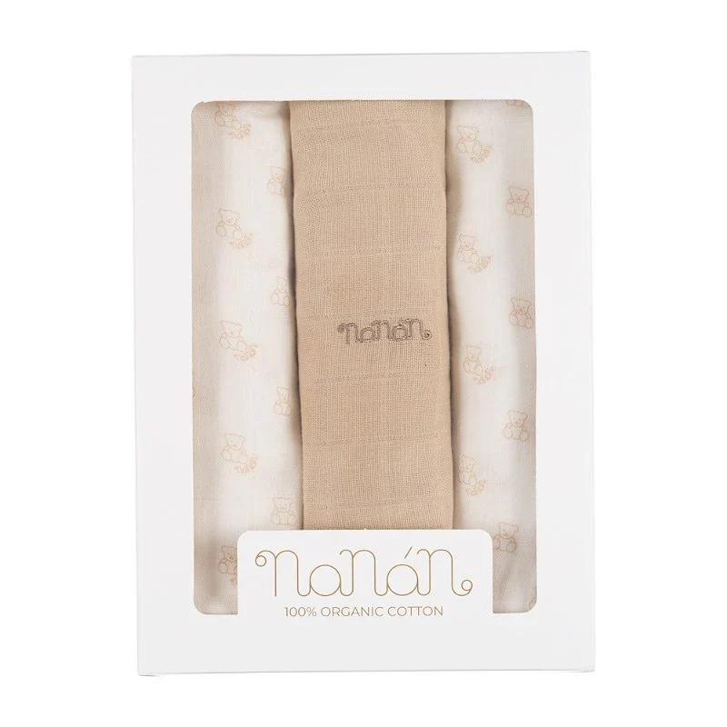 Set 3 mussole Nanan all over orsetti 80x80 cm beige