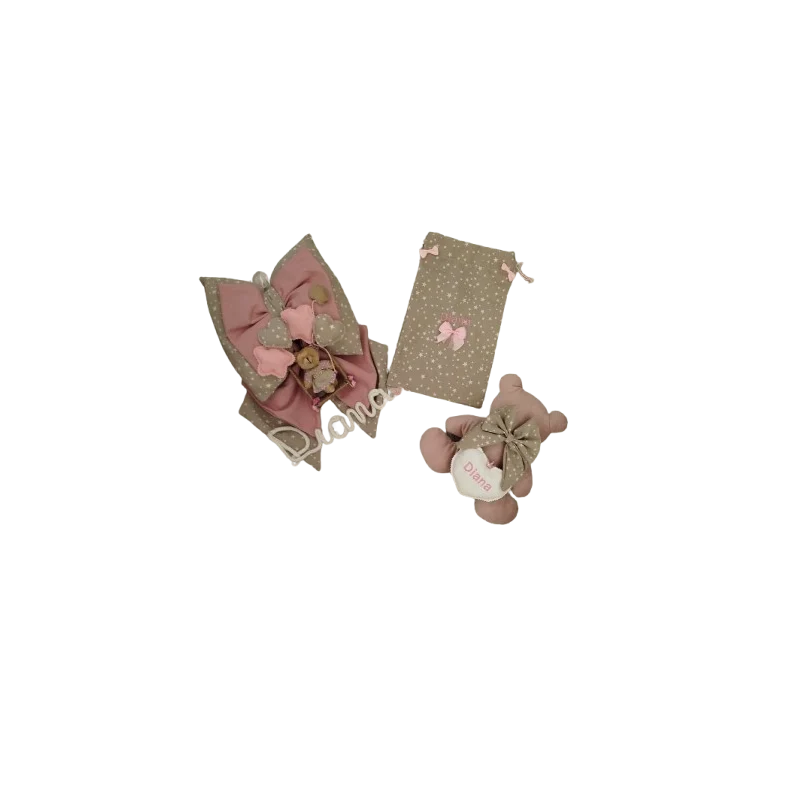 Set fiocco nascita Rosa con Sacchetto e Orsetto