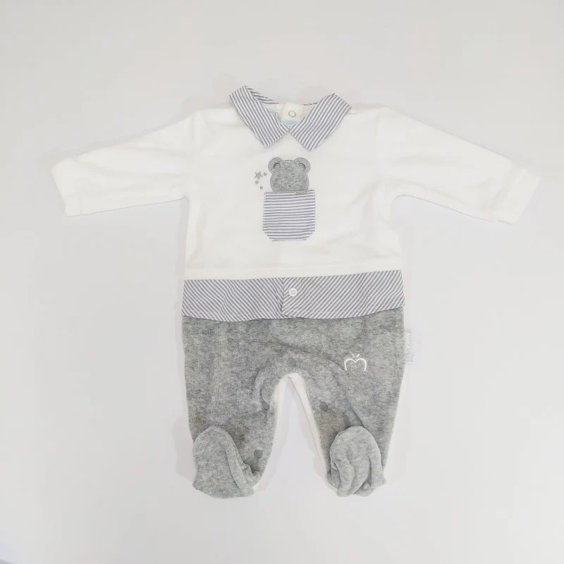 Tutina In Ciniglia Con Ricamo Bianco Grigio 3/6 Mesi