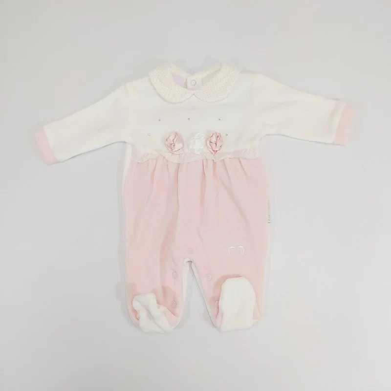 Tutina In Ciniglia Con Ricamo Rosa 6/9 Mesi