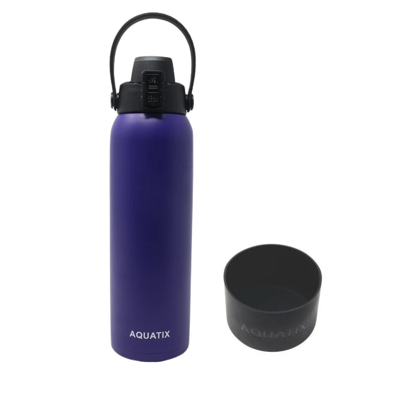 32 Ounce Purple Aquatix Bottle with Black Sleeve Thermal Double Insulated Vacuum Sealed Sports Bottle Flip Top