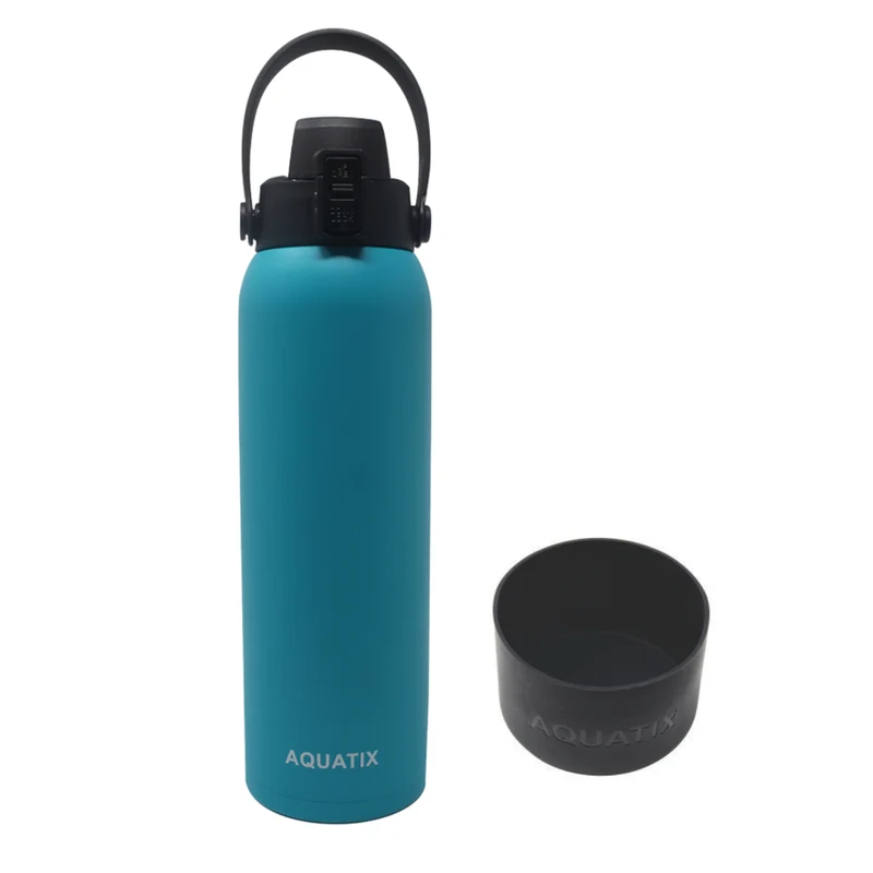 32 Ounce Turquoise Aquatix Bottle with Black Sleeve Thermal Double Insulated Vacuum Sealed Sports Bottle Flip Top