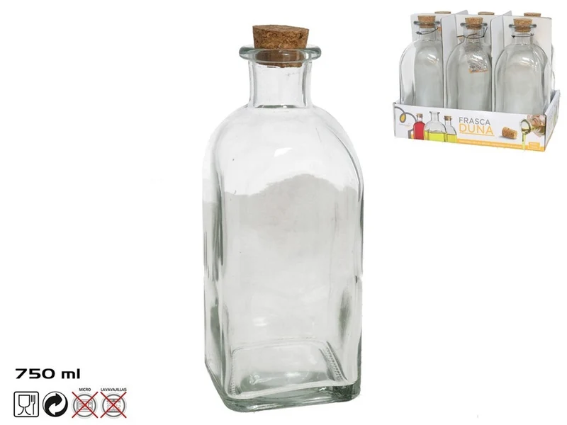Bottiglia vetro trasparente con tappo sughero, stile vintage 750ml - Kitchen&go